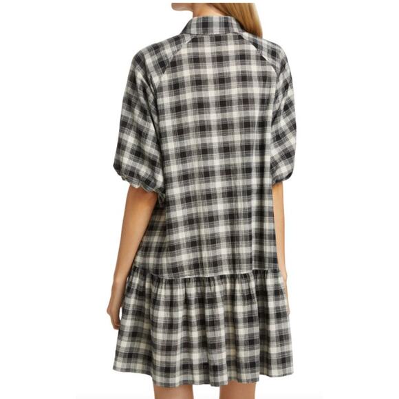 Jonathan Simkhai Crissy Plaid Mini Dress Relaxed Balloon sleeve Tiered $325 - XL - Picture 3 of 9